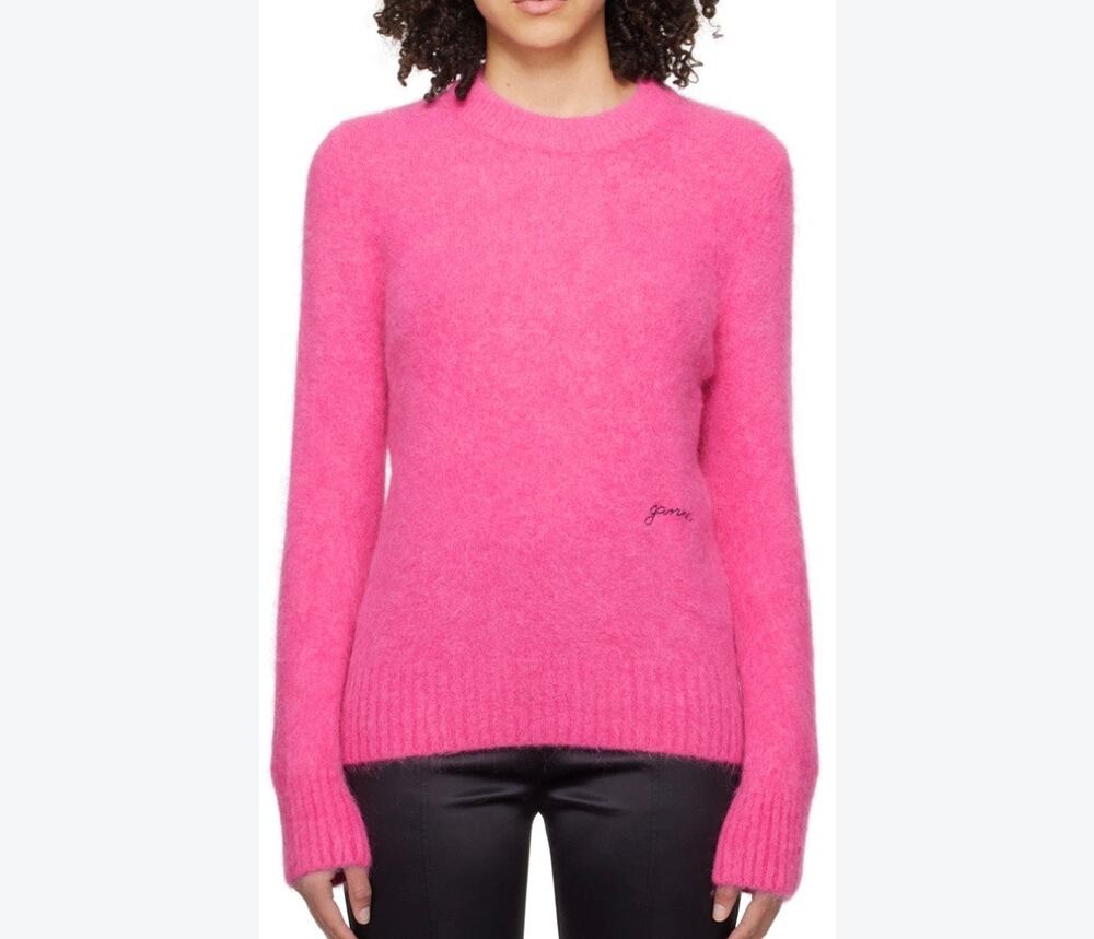 GANNI Brushed Alpaca Wool Blend Sweater Size M Cone Flower Pink Crewneck NWT